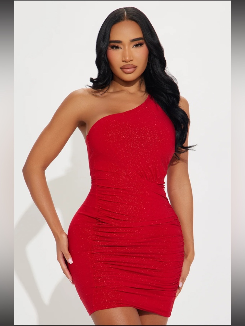 Fashion Nova One-Shoulder Red Ruched Bodycon Dress with Sparkle